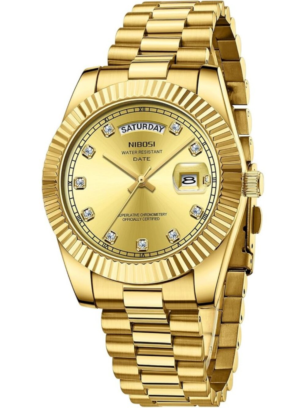 Nibosi Men's Gold Analog Quartz Stainless Dimond Waterproof Desiger Wrist Watch